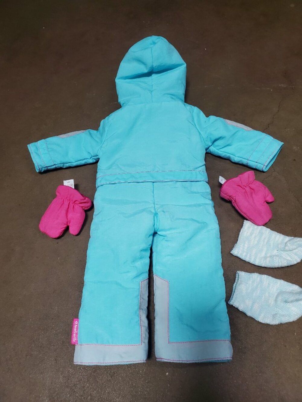 RETIRED American Girl Doll Aqua Ski Snowsuit Outfit Pink Mittens Socks Box VGUC - Picture 3 of 10